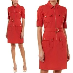 Belted Shirt Dress w/ Zip-Up Collared Neckline and Snap Pockets